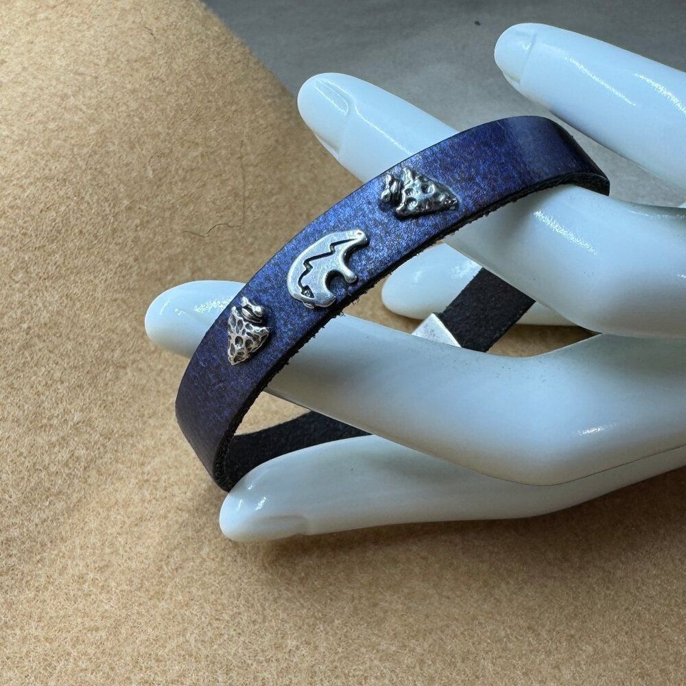 Blue Matelic Leather Zuni Bear Bracelet With Magnetic Fastener